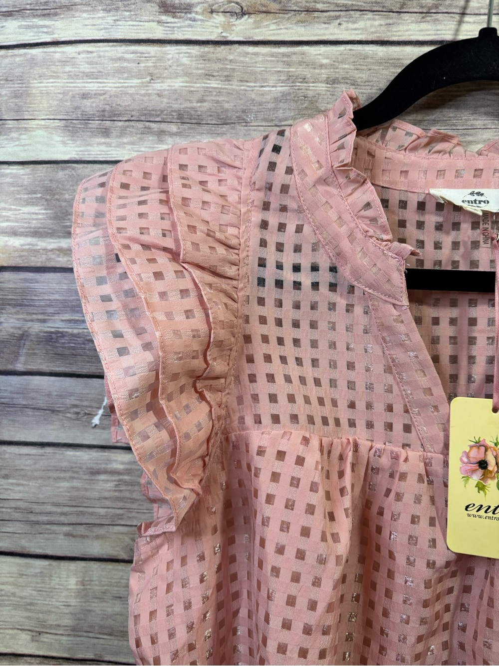 ENTRO Textured Ruffle Cap Sleeve Blouse Pink V-Neck Boho Cottagecore Medium - Picture 3 of 7